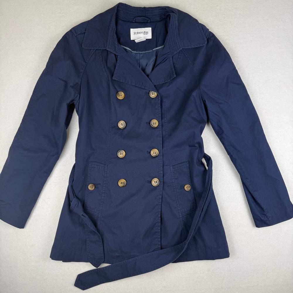 St. Johns Bay Womens Navy Blue Double Breasted Belted Trench Coat Jacket Size M